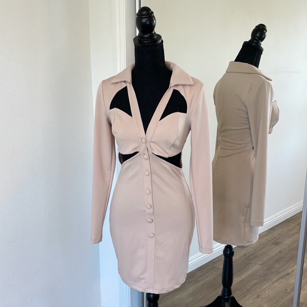 Symphony Dress in Medium. Beige/tan color.